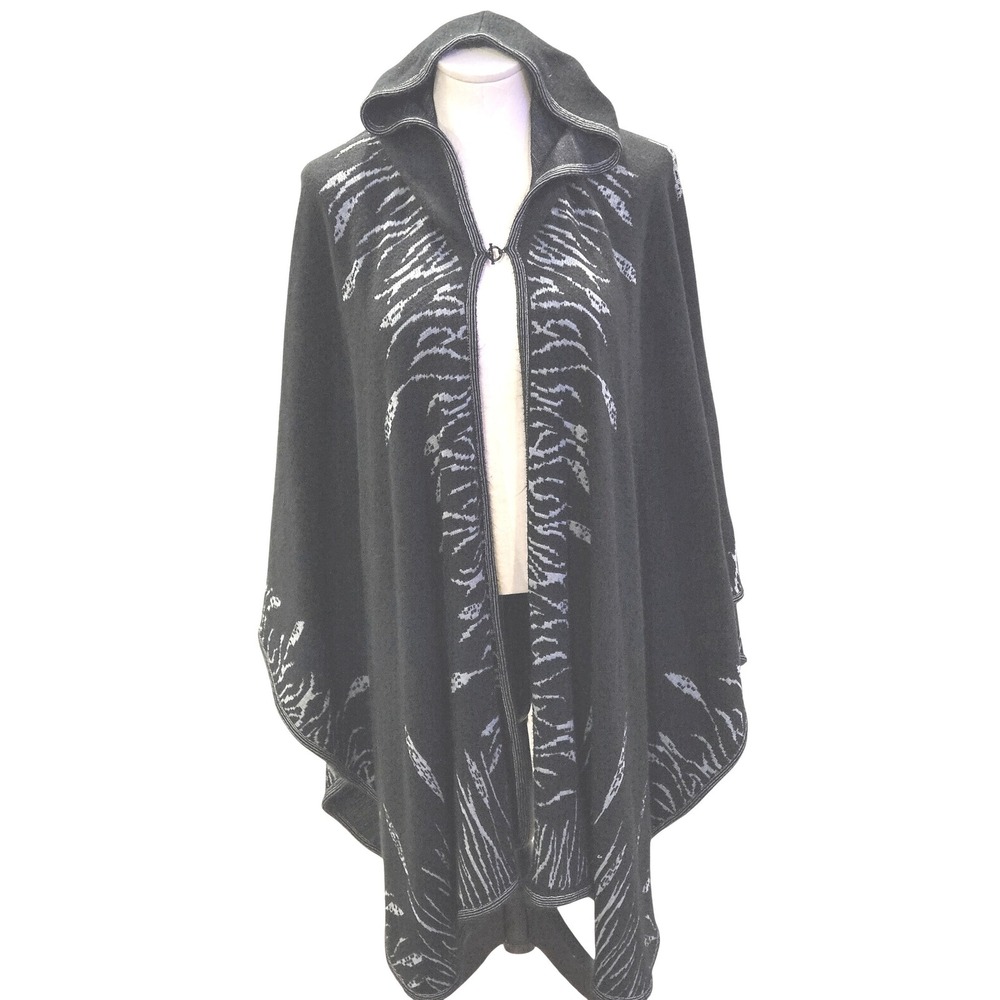 Black Hooded Knit Poncho Grey Pattern Toggle Closure‎ Cape Wrap Dark Fairy #213